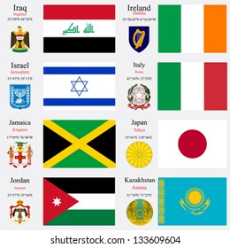 world flags of Iraq, Ireland, Israel, Italy, Jamaica, Japan, Jordan and Kazakhstan, with capitals, geographic coordinates and coat of arms, vector art illustration