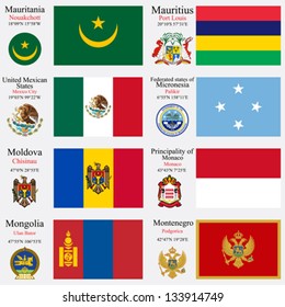 world flags of Mauritania, Mauritius, Mexic, Micronesia, Moldova, Monaco, Mongolia and Montenegro, with capitals, geographic coordinates and coat of arms, vector art illustration