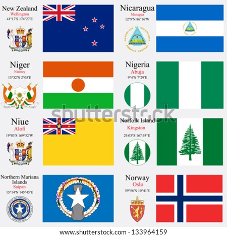 world flags of New Zealand, Nicaragua, Niger, Nigeria, Niue, Norfolk Island, Northern Mariana Islands and Norway, with capitals, geographic coordinates and coat of arms, vector art illustration