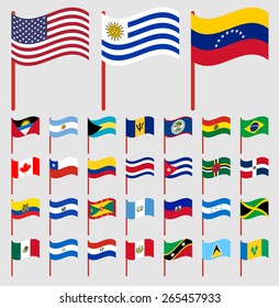 World flags on red pole Part 1/6 North and South America