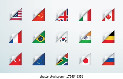 World Flags Peel Back Paper Corner 3d Vector Set