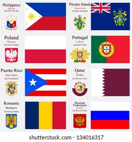 world flags of Philippines, Pitcairn Islands, Poland, Portugal, Puerto Rico, Qatar, Romania and Russian Federation, with capitals, geographic coordinates and coat of arms, vector art illustration