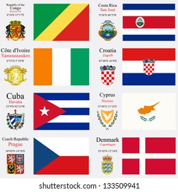 world flags of Republic of the Congo, Costa Rica, Cote d'Ivoire, Croatia, Cuba, Cyprus, Czech Republic and Denmark, with capitals, geographic coordinates and coat of arms, vector art illustration