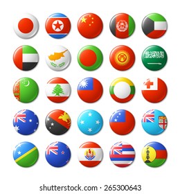 World flags round badges. Asia and Oceania. Vector illustration. 