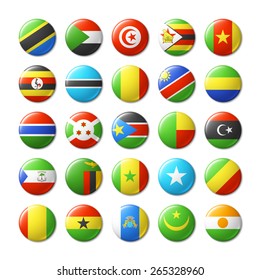 World flags round badges, magnets. Africa. Vector illustration.