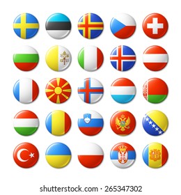 World flags round badges, magnets. Europe. Vector illustration.