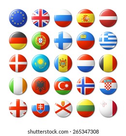 Bandeiras do mundo redondas emblemas, ímãs. Europa. Ilustração vetorial.