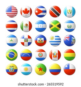 World flags round badges, magnets. North and South America. Vector illustration.