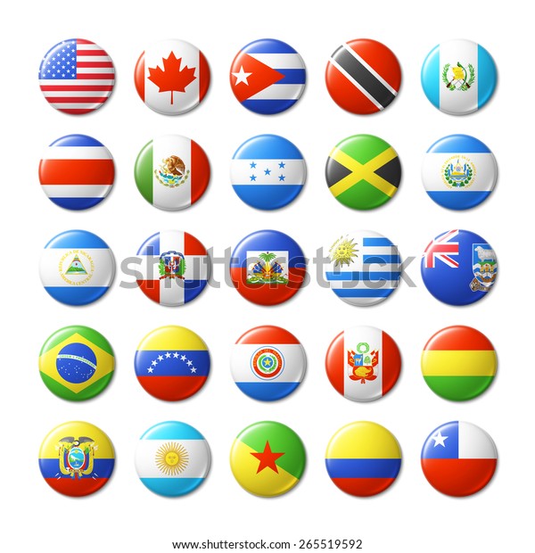 バッジや磁石の周りに世界の国旗 北米と南米 ベクターイラスト のベクター画像素材 ロイヤリティフリー