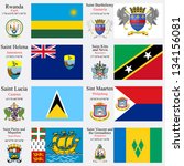 world flags of Rwanda, St Barthelemy, St Helena, St Kitts and Nevis, St Lucia, St Martin, St Pierre Miquelon and St Vincent and the Grenadines, with capitals, gps and coat of arms, art illustration