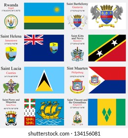 world flags of Rwanda, St Barthelemy, St Helena, St Kitts and Nevis, St Lucia, St Martin, St Pierre Miquelon and St Vincent and the Grenadines, with capitals, gps and coat of arms, art illustration