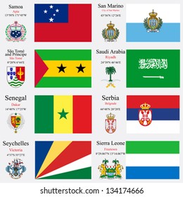 world flags of Samoa, San Marino, Sao Tome and Principe, Saudi Arabia, Senegal, Serbia, Seychelles and Sierra Leone, with capitals, geographic coordinates and coat of arms, vector art illustration