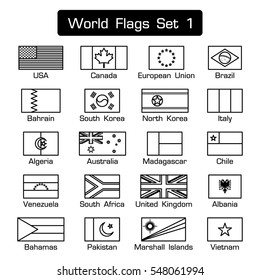 World flags set 1 . simple style and flat design . thick outline . black and white .