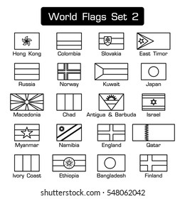 World flags set 2 . simple style and flat design . thick outline . black and white .