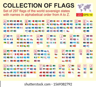 World flags. Set of 297 world Flags of sovereign states with names. Vector illustration.