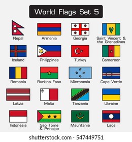 World flags set 5 . simple style and flat design . thick outline .