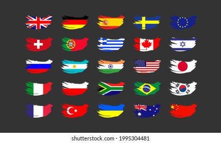 World Flags Set Painted with a Brush. World country flags isolated Vector illustration EPS 10