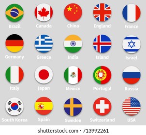 World flags set, round icons with shadow isolated vector illustration