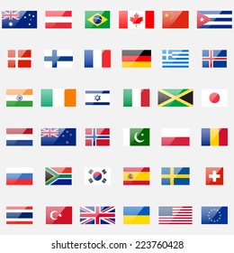 World flags vector collection. 36 detailed glossy icons. Correct proportions and color scheme.