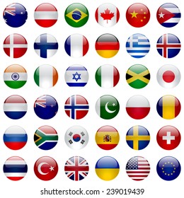 World flags vector collection. 36 high quality round glossy icons. Correct color scheme.