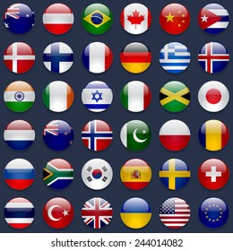 World flags vector collection. 36 high quality round glossy icons. Correct color scheme. Perfect for dark backgrounds.