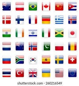 World flags vector collection. 36 high quality square glossy icons. Correct color scheme.