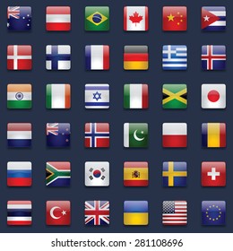 World flags vector collection. 36 high quality square glossy icons. Correct color scheme. Perfect for dark backgrounds.