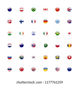 World flags vector icon set. Shiny glossy small round circle flag icons language button concept.