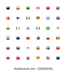 World flags vector icon set. Shiny glossy small square flag icons language button concept.