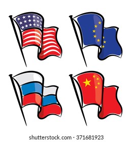 World flags waving set. USA, European Union, Russia, China 