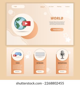 World flat landing page website template. Video, keyboard, microphone. Web banner with header, content and footer. Vector illustration.