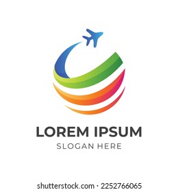world flight logo template, globe and plane combination logo with 3d colorful style