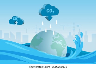 Inundaciones mundiales y ahogamiento por fuertes lluvias en la nube de contaminación por co2. El calentamiento del planeta, el cambio climático y las emisiones de carbono, la contaminación del medio ambiente afectó al desastre natural del mundo.