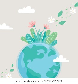 Mundo con flores, hojas y nubes. Salvemos el planeta protegiendo la naturaleza y el concepto de ecología.  Ilustración Wector