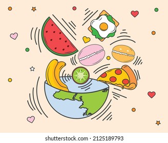 World food concept. Fruits and vegetables, fast food and sweets. Traditional cuisine of different countries. Consequences of globalization. Slice of tasty meal. Cartoon flat vector illustration