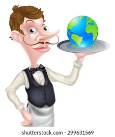 World food concept of a posh looking waiter holding a world globe