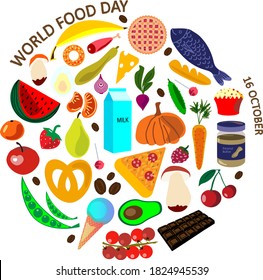 World food day, 16 October. Vector illustration of various food items laid out in a circle.
