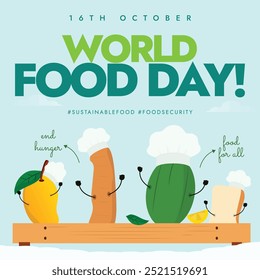 World Food Day 16 October banner, post. Food day celebration banner with cute happy fruits, vegetables icons wearing chef hat. The day promote global awareness, action for those who suffer from hunger