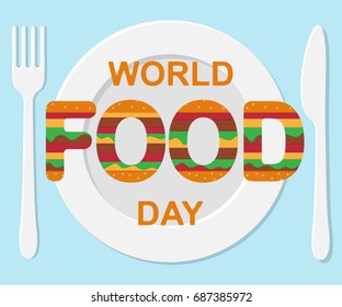 World Food Day, 16 October. Plate, fork and knife table setting conceptual illustration vector.
