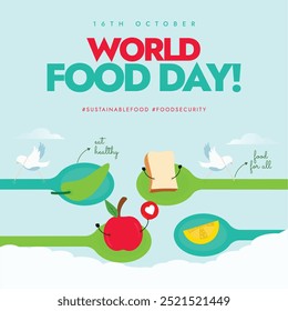 World Food Day 16h October conceptual banner. Food day banner with spoons having different fruits, vegetables, bread icons. The day promote global awareness, action for those who suffer from hunger.