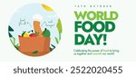 World Food Day. 16th October food day celebration banner, post with fruits and vegetables wearing chef hats in a carton box. The day promote global awareness, action for those who suffer from hunger.