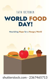 World food day. World food day 16th October celebration banner or flyer. Food day social media complete post with food items placing on a table. Apple, burger, muffin, lemonade. 