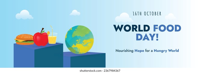 World food day 16th October. World food day awareness and celebration banner with earth globe and food icons. Apple, burger and lemonade icons. Nourishing hope for hungry world, Don't waste food 