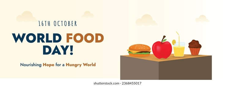 Día mundial de la comida. Pancarta o cubierta del Día Mundial de la Alimentación 16 de Octubre con fondo amarillo claro e íconos de comida. 