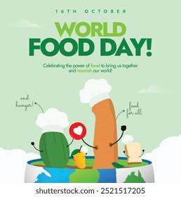 World Food Day. 16th October food day celebration banner with earth globe, fruits and vegetables on it wearing chef hats. The day promote global awareness, action for those who suffer from hunger.