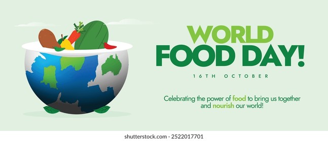 World Food Day. 16th October food day celebration cover banner with earth globe, different fruits and vegetables in it. The day promote global awareness, action for those who suffer from hunger.