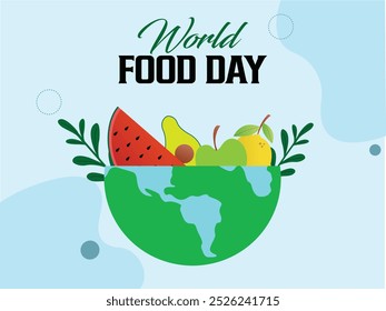 World Food Day. 16th October food day celebration banner, post with fruits, vegetables and globe. The day promote global awareness, action for those who suffer from hunger.