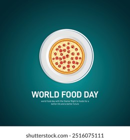 Día Mundial de la Alimentación. Día Mundial de la Alimentación 2024 Anuncio creativo, cartel, publicación en redes sociales, fondo, Plantilla, postal, diseño de camisetas, etc. mejor comida, mejor vida, mejor futuro.