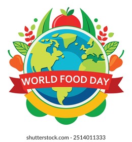 Dia Mundial da Alimentação 2024 Poster, logotipo e design de camiseta com globo colorido, frutas frescas e legumes - Ideal para campanhas e celebrações Vetor Baixar