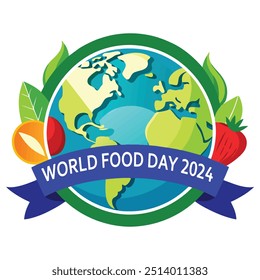 World Food Day 2024 Poster, Logo, and T-Shirt Design with Colorful Globe, Fresh Fruits, and Vegetables – Ideal for Campaigns and Celebrations Vector Download